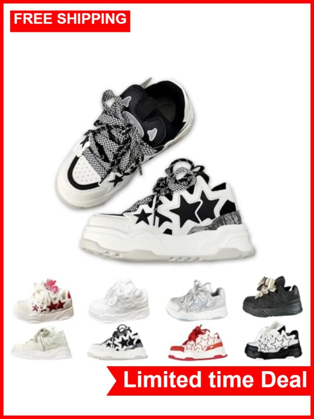 Chunky Platform Sneakers Star Decor Lace-Up Mesh Casual Dad Shoes